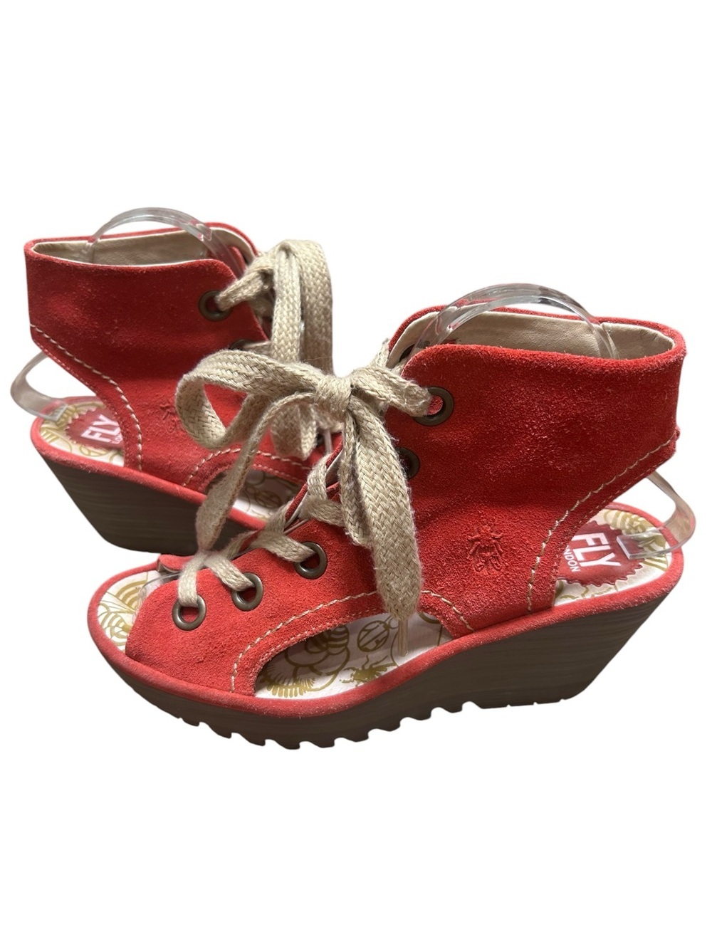 Fly London Yaba red suede lace up suede wedge sandals size 37 US 6.5/7 open toe
